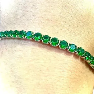 4mm Round Cut Natural Green Onyx 14k White Gold Plated 7" Tennis Women Bracelet - Picture 1 of 11