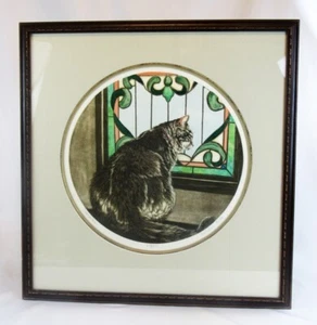 Sueellen Ross L.E. 350 Samantha Cat Looking Out Leaded Glass Window Framed Print - Picture 1 of 10