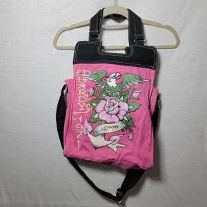 Vintage Y2k Ed Hardy rosa Canvas/schwarz doppelte Griffe Crossbody Beuteltasche Handtasche LESEN - Bild 1 von 8
