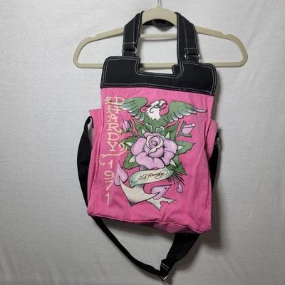 Vtg Y2k Ed Hardy Pink Canvas/Black Double Handles Crossbody Tote Purse READ - Image 1 of 4