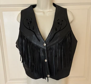 Prima vera pelle ~ gilet da motociclista donna nero con frange rosa ~ taglia M - Foto 1 di 7