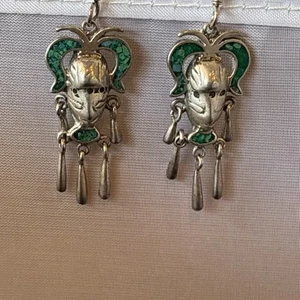 Orecchini aztechi in argento sterling 925 vintage Messico gemma malachite intarsiata - Foto 1 di 3