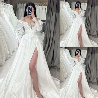 Satin Wedding Dresses With Slit Off The Shoulder Long Sleeve Beaded Bridal Gown - Image 1 of 4