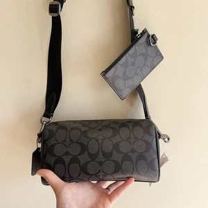 NWT Coach CJ674 Axel Crossbody With Signature Canvas & Leather Charcoal Black - Picture 1 of 9