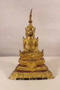ANCIEN BOUDDHA EN BRONZE DORE ET LAQUE ROUGE THAILANDE EXTREME ORIENT - Photo 1/2