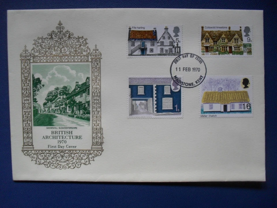 fdc  11th February 1970 Rural architecture, Snowshill Glos.,5d  9d  1/-  1/6d. - Image 1 of 1
