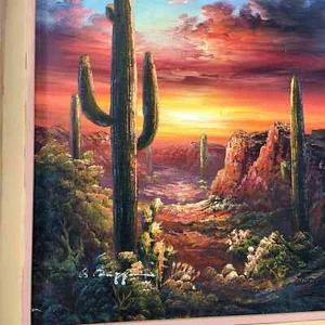 Southwestern Arizona Desert Cactus Oil Painting Wall Hanging Painted Framed - Picture 1 of 10