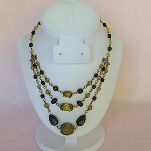 Triple Layered Shades Of Green Beaded Gold Leaves Fairy Necklace Choker Bib 16"  - Picture 1 of 8