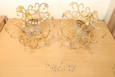 Pair of Art Deco Style Brass Plate Chandelier Ceiling Lights Waterfall Crystals - Image 1 of 4