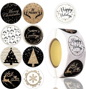 ✨ 500PC MERRY CHRISTMAS STICKERS LABELS BLACK & GOLD FAUX GLITTER DESIGN TAGS ✨ - Picture 1 of 3