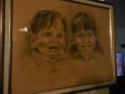 Dessin pastel vintage sur papier enfant fille et garçon souriant par Diana Harris 1969