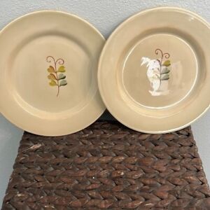 Pier 1 Decorative Earthenware Plates Set of 2 Beige with Leaf Print 9 Inch EUC