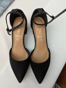 Black suede ankle strap, low heeled pointed toe shoe size 5/38, unworn - Picture 1 of 5