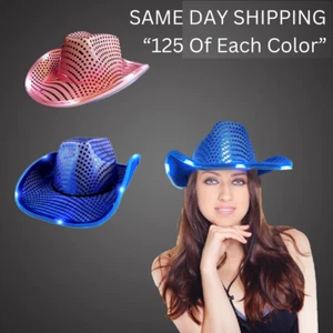 Party Glowz Pink & Blue LED Light Up Flashing Sequins Cowboy Hats - Pack of 250 - Picture 1 of 11