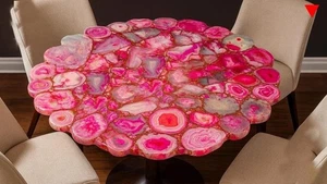 Tavolo rotondo smerlato in agata rosa fatto a mano con pietre preziose di lusso tavolo accento 24" - Foto 1 di 10