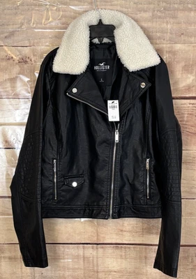 Chaqueta de motociclista Hollister para mujer L negra de cuero sintético quitar cremalleras de cuello blanco Foto 1 de 4