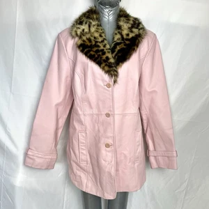Vintage 90’s Terry Lewis Large Pink Leather Jacket With Faux Fur Collar - Picture 1 of 8
