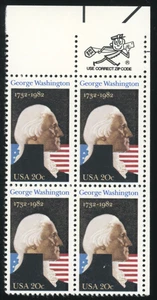 US - 1982 George Washington 20c - SC# 1952 Zip Block of 4 Mint NH OG - Picture 1 of 2