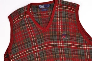 Polo Ralph Lauren vintage golf patch cotone rosso gilet a quadri uomo XL - Foto 1 di 6