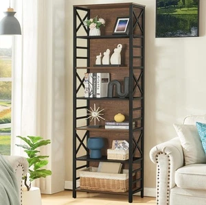 7 Tier Bookshelf, 78 Inch Tall Rustic Bookshelf with Metal Frame, Industrial ... - Picture 1 of 7