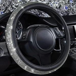 Diamond Black Leather Steering Wheel Cover with Rhinestones 14.5" Universal Fit - Picture 1 of 7