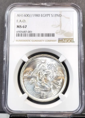 1980 EGYPT SILVER 1 POUND FAO NGC MS 67 RARE GEM BU TOP POP - Image 1 of 3