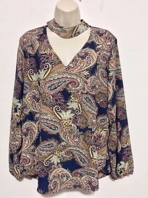 Blusa Mujer Verónica M XL Azul Rojo Tostado Cachemira Elegante Chocker Cuello en V Larga Sl Foto 1 de 4