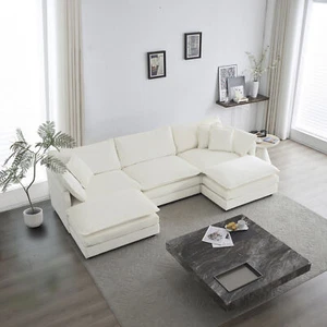 5-Seater Chenille Upholstered Sectional Sofa Couch +2 Ottomans White Living Room - Picture 1 of 9