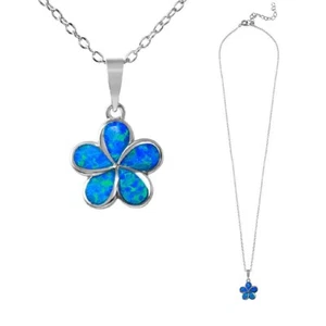 Sterling Silver Necklace w/ Blue Opal Stone Hibiscus Flower Pendant - Picture 1 of 4