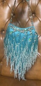 Vintage CEM Beaded Blue Silk Gatsby Art Deco Fringe Flapper Handbag Clutch - Picture 1 of 11