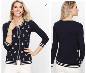 NWT Talbots Navy Blue White Anchors Lightweight Cardigan Sweater XS Nautical - Picture 1 of 12