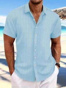 Men Loose Stripe Pattern Shirt Casual Breathable Lapel Button Up Short Sky Blue - Picture 1 of 3