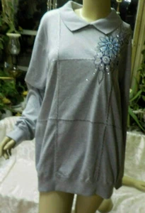 Alfred Dunner Plus Top Size 3XL NWT Grey Floral Embellished Long Sleeve Collar - Picture 1 of 12