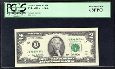FR. 1938-J 2003-A $2 FW FEDERAL RESERVE NOTE KANSAS CITY, MO PCGS GEM UNC-68PPQ - Image 1 of 2