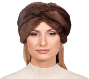 Brown Mink Fur Turban Style Hat with Cashmere,Luxury Elegant Warm Winter Fur Hat - Picture 1 of 5