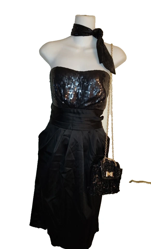 女式 3 件装:轮盘赌派对礼服尺寸 12 & 黑色钱包和黑色亮片围巾 — 第 1/4 张图片