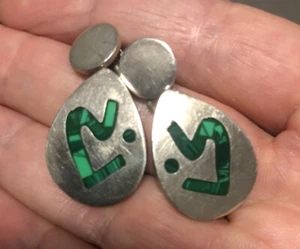 Sterling Silver 925 Taxco Mexico Pierced Earrings with Malachite inlay 13.3g - Picture 1 of 4