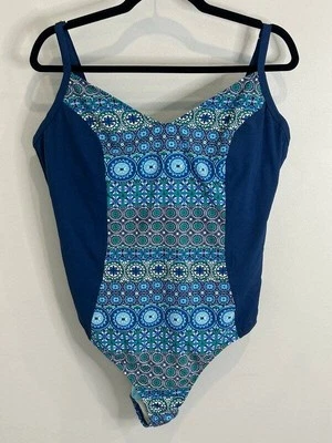 Traje de baño ajustable con aros Bleu Rod Beattie para mujer estampado azul de una pieza 18 W Foto 1 de 4