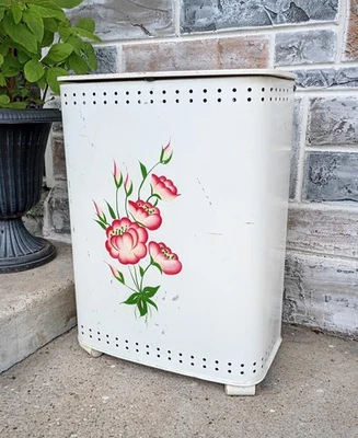 Vtg Mid Century Metal Vented Detecto Laundry Hamper, White Pink Painted Flowers - Image 1 of 4