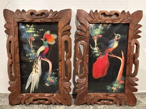 Vintage Paar mexikanische Volkskunst Vogel Feder Handwerk handgeschnitzte Rahmen 9” x 6” - Bild 1 von 11