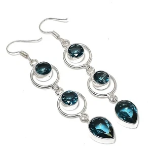 Pendiente de joyería de plata de ley 925 hecho a mano con piedras preciosas de topacio azul de Londres tamaño 3" - Imagen 1 de 1