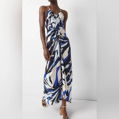 White House Black Market Halter Maxi Dress Size 14 NWT Blue Black Abstract Print - Image 1 of 4