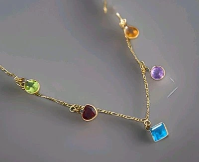 Bejeweled Gemstone Station Necklace 14K Yellow Gold 18' Inch Figaro Chain. - Image 1 of 4