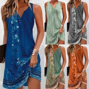 Women Boho Floral Tank Dress Ladies Summer Holiday Beach Sun Dresses Sizes 6-16 - Picture 1 of 17