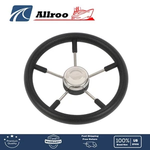 New Stainless Steel Yach Steering Wheel(Black)5 Spoke 13-7/8 Inch with PU Foam - Picture 1 of 10