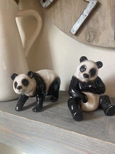 Franz Porcelain Set Of 2 Panda Figurines Kitschy Folk Art Glazed Asian Bamboo - Picture 1 of 10