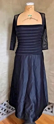 女式黑色透明网条纹缎面球长连衣裙 M TADASHI Shoji LBD — 第 1/4 张图片