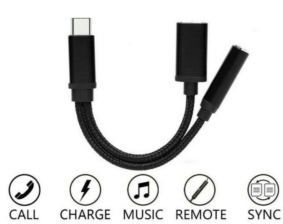Type C to 3.5 mm and Charger Headphone 2 in 1 Audio Jack Cable Adapter Black - Image 1 of 1