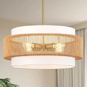 Boho Rattan Chandelier, 19.7" Large Boho Pendant Light with Fabric Lampshade,... - Picture 1 of 8