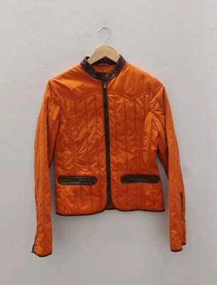 Vintage 'Marlboro Classics' Quilted Tangerine Jacket with Leather Brown Accents - Image 1 of 4